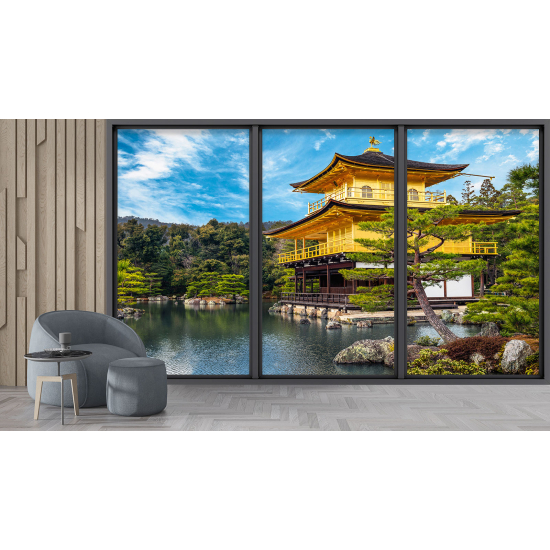 Optical Illusion Panoramic Bay Window Wall Mural / Wallpaper - Japanese Temple