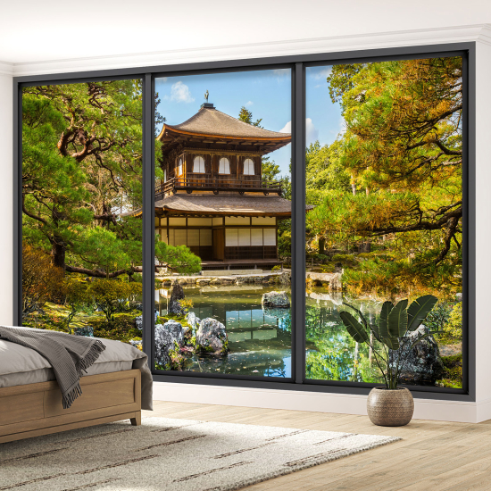 Optical Illusion Panoramic Bay Window Wall Mural / Wallpaper - Japanese Temple