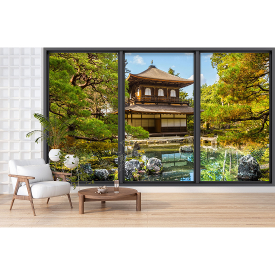 Optical Illusion Panoramic Bay Window Wall Mural / Wallpaper - Japanese Temple