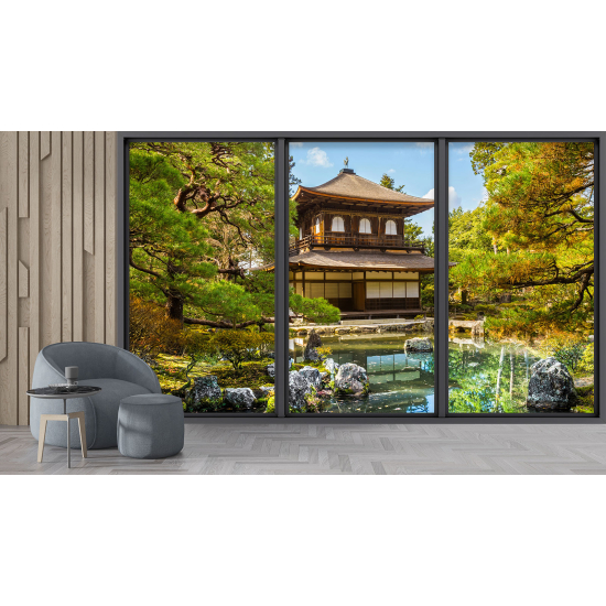 Optical Illusion Panoramic Bay Window Wall Mural / Wallpaper - Japanese Temple