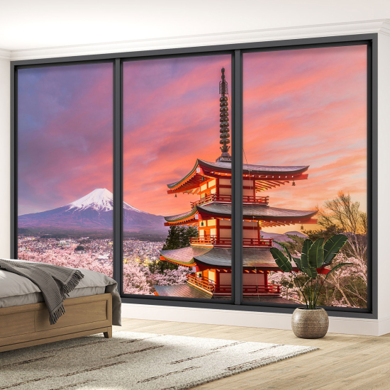 Optical Illusion Panoramic Bay Window Wall Mural / Wallpaper - Japanese temple with view of Mount Fuji