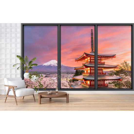 Optical Illusion Panoramic Bay Window Wall Mural / Wallpaper - Japanese temple with view of Mount Fuji