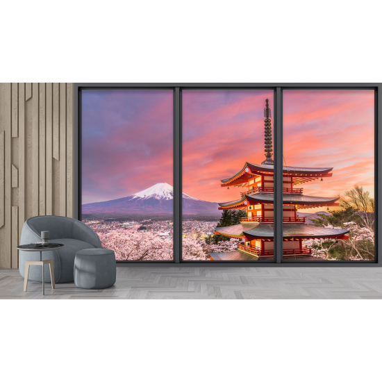 Optical Illusion Panoramic Bay Window Wall Mural / Wallpaper - Japanese temple with view of Mount Fuji