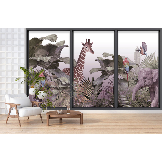 Optical Illusion Panoramic Bay Window Wall Mural / Wallpaper - Jungle animals