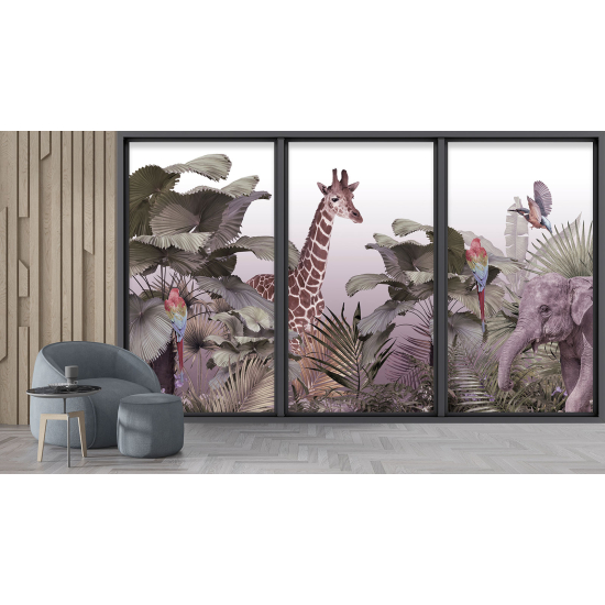 Optical Illusion Panoramic Bay Window Wall Mural / Wallpaper - Jungle animals