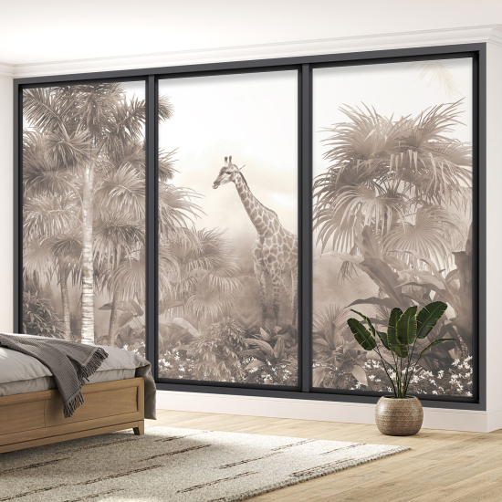 Optical Illusion Panoramic Bay Window Wall Mural / Wallpaper - Jungle Giraffe