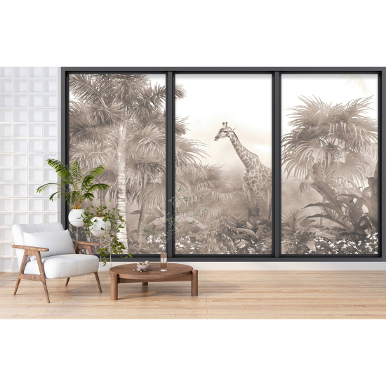 Optical Illusion Panoramic Bay Window Wall Mural / Wallpaper - Jungle Giraffe