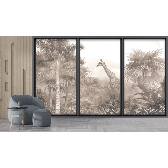 Optical Illusion Panoramic Bay Window Wall Mural / Wallpaper - Jungle Giraffe