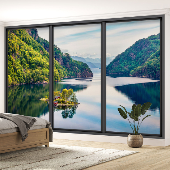 Optical Illusion Panoramic Bay Window Wall Mural / Wallpaper - Lake and forest