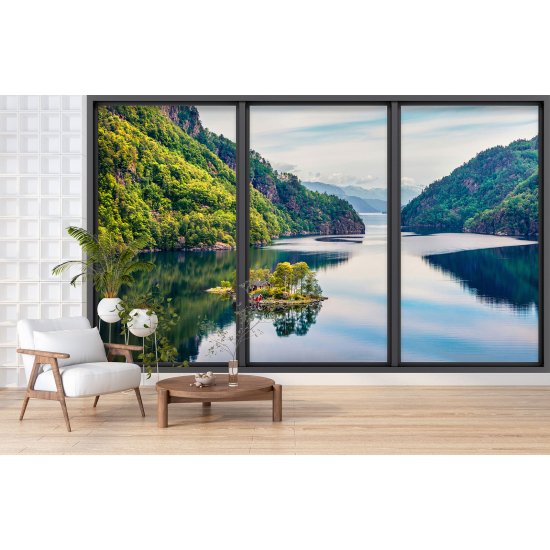 Optical Illusion Panoramic Bay Window Wall Mural / Wallpaper - Lake and forest