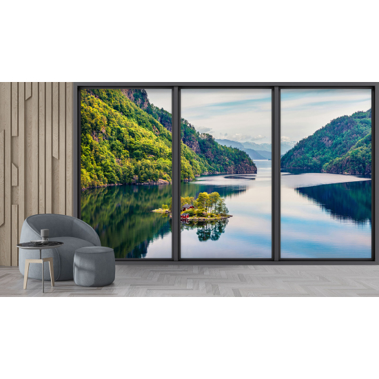 Optical Illusion Panoramic Bay Window Wall Mural / Wallpaper - Lake and forest