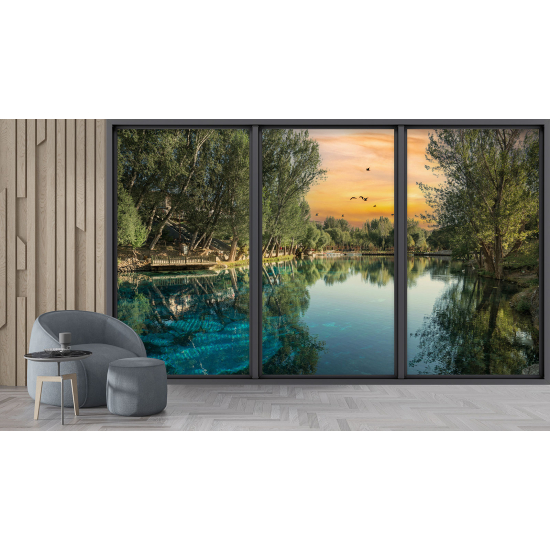 Optical Illusion Panoramic Bay Window Wall Mural / Wallpaper - Lake and forest