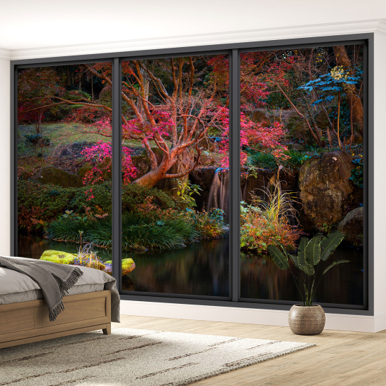 Optical Illusion Panoramic Bay Window Wall Mural / Wallpaper - Lake and forest