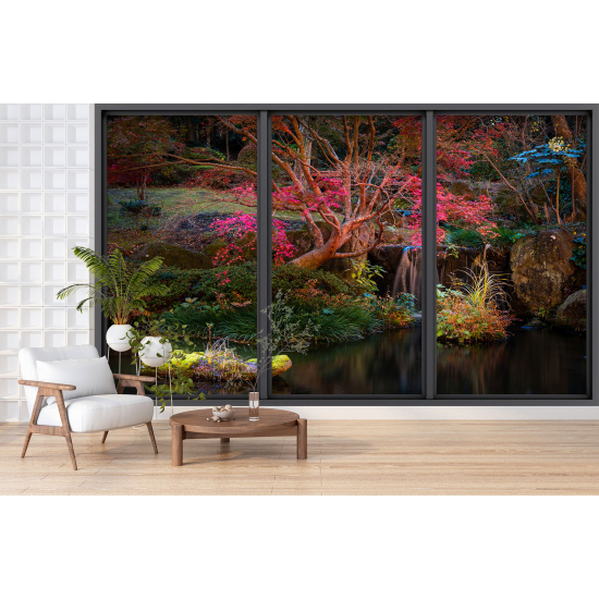 Optical Illusion Panoramic Bay Window Wall Mural / Wallpaper - Lake and forest