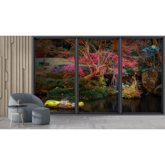 Optical Illusion Panoramic Bay Window Wall Mural / Wallpaper - Lake and forest