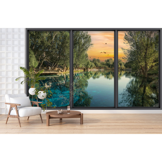 Optical Illusion Panoramic Bay Window Wall Mural / Wallpaper - Lake and forest