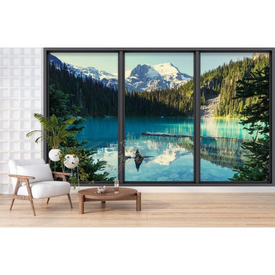 Optical Illusion Panoramic Bay Window Wall Mural / Wallpaper - Lake and mountain