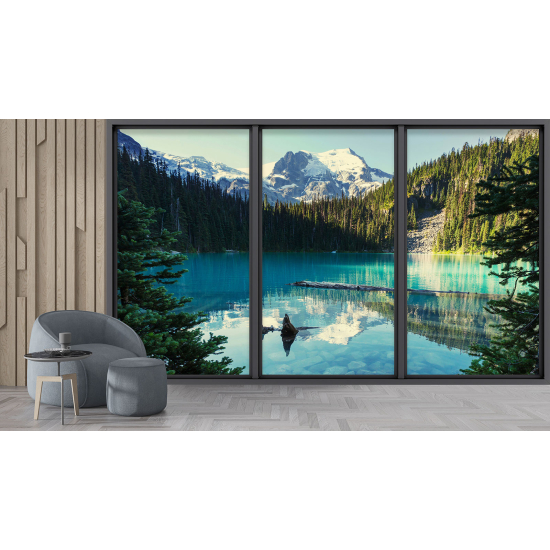 Optical Illusion Panoramic Bay Window Wall Mural / Wallpaper - Lake and mountain