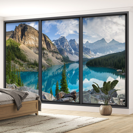 Optical Illusion Panoramic Bay Window Wall Mural / Wallpaper - Lake and mountains