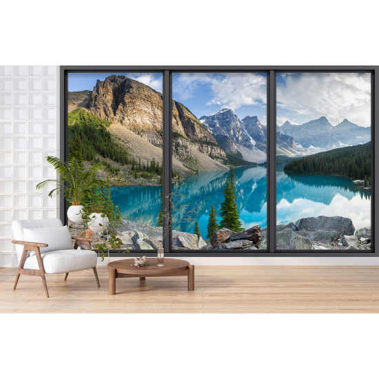 Optical Illusion Panoramic Bay Window Wall Mural / Wallpaper - Lake and mountains