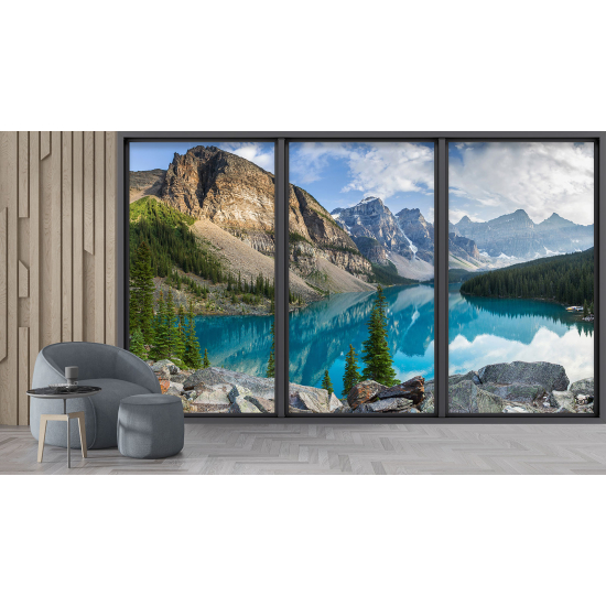 Optical Illusion Panoramic Bay Window Wall Mural / Wallpaper - Lake and mountains