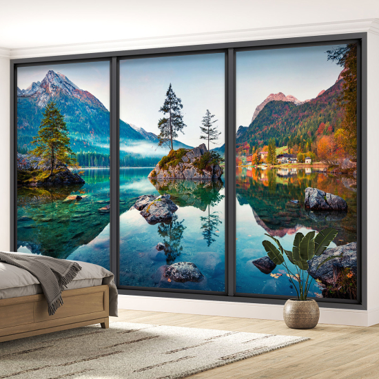 Optical Illusion Panoramic Bay Window Wall Mural / Wallpaper - Lake and mountains