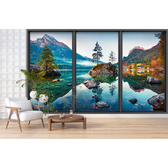 Optical Illusion Panoramic Bay Window Wall Mural / Wallpaper - Lake and mountains