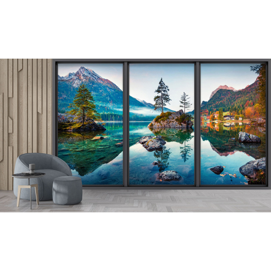 Optical Illusion Panoramic Bay Window Wall Mural / Wallpaper - Lake and mountains