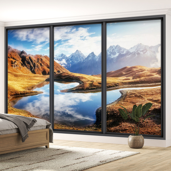 Optical Illusion Panoramic Bay Window Wall Mural / Wallpaper - Lake and mountains