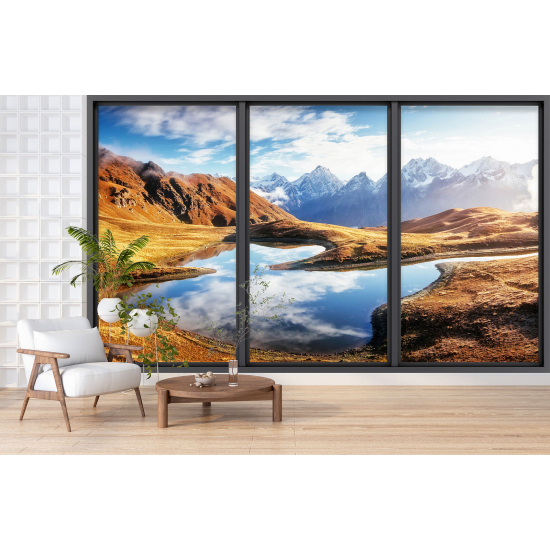 Optical Illusion Panoramic Bay Window Wall Mural / Wallpaper - Lake and mountains