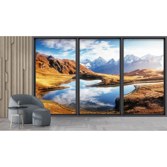 Optical Illusion Panoramic Bay Window Wall Mural / Wallpaper - Lake and mountains