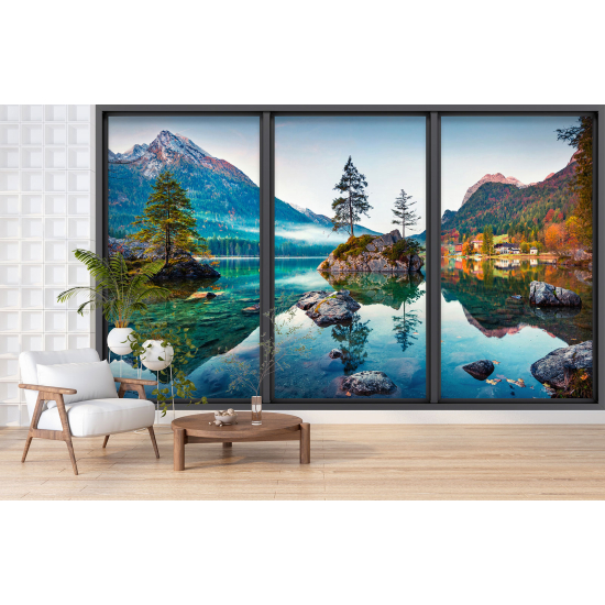 Optical Illusion Panoramic Bay Window Wall Mural / Wallpaper - Lake and mountains