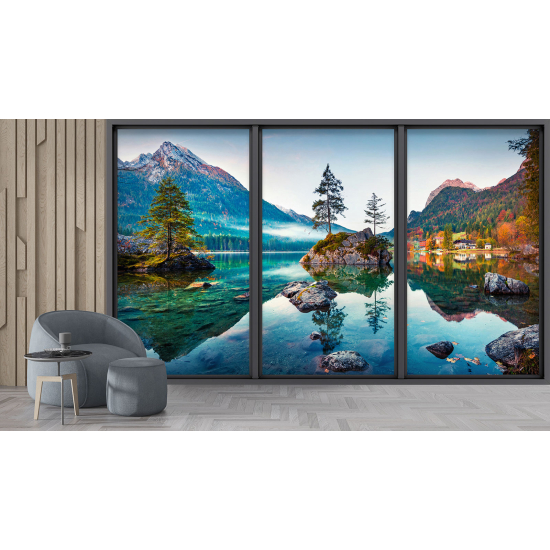 Optical Illusion Panoramic Bay Window Wall Mural / Wallpaper - Lake and mountains