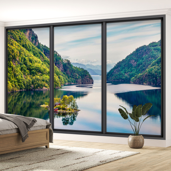 Optical Illusion Panoramic Bay Window Wall Mural / Wallpaper - Lake and mountains