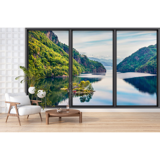 Optical Illusion Panoramic Bay Window Wall Mural / Wallpaper - Lake and mountains