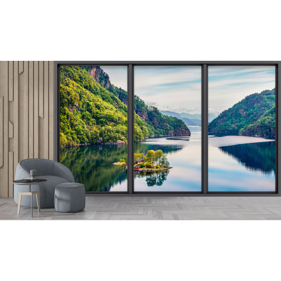 Optical Illusion Panoramic Bay Window Wall Mural / Wallpaper - Lake and mountains