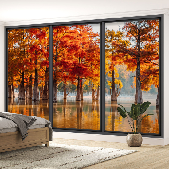 Optical Illusion Panoramic Bay Window Wall Mural / Wallpaper - Lake and trees