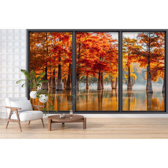 Optical Illusion Panoramic Bay Window Wall Mural / Wallpaper - Lake and trees