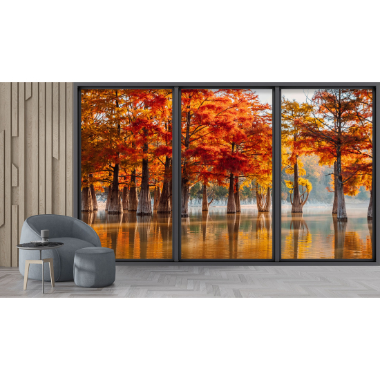 Optical Illusion Panoramic Bay Window Wall Mural / Wallpaper - Lake and trees