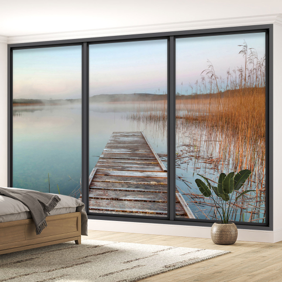 Optical Illusion Panoramic Bay Window Wall Mural / Wallpaper - Lake pontoon