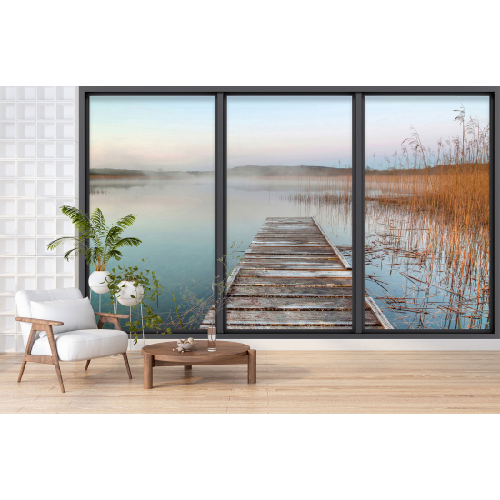 Optical Illusion Panoramic Bay Window Wall Mural / Wallpaper - Lake pontoon