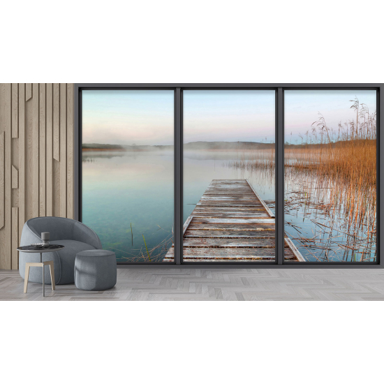 Optical Illusion Panoramic Bay Window Wall Mural / Wallpaper - Lake pontoon