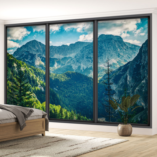 Optical Illusion Panoramic Bay Window Wall Mural / Wallpaper - Mountains