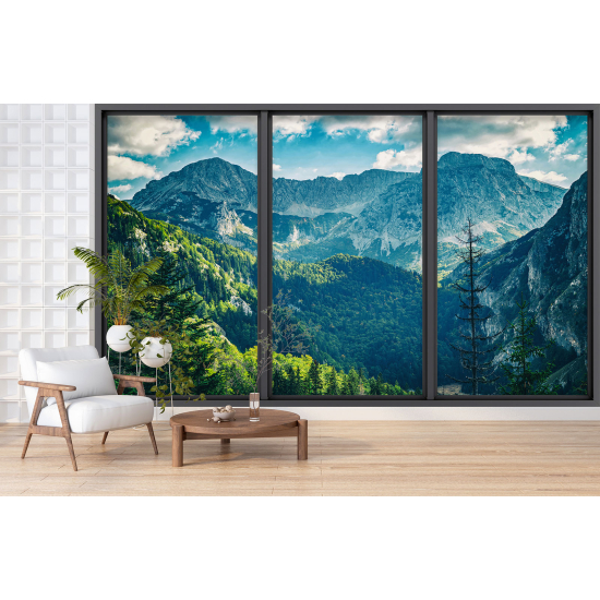 Optical Illusion Panoramic Bay Window Wall Mural / Wallpaper - Mountains