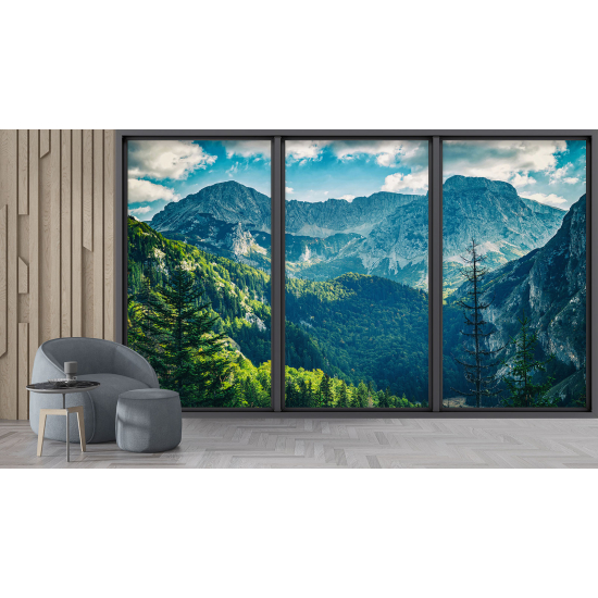 Optical Illusion Panoramic Bay Window Wall Mural / Wallpaper - Mountains