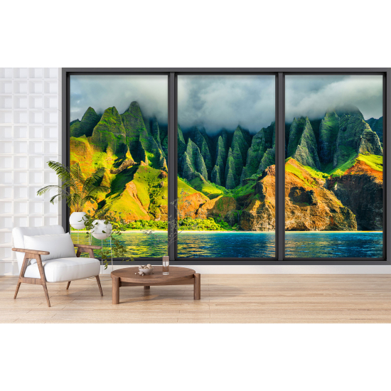 Optical Illusion Panoramic Bay Window Wall Mural / Wallpaper - Mountains