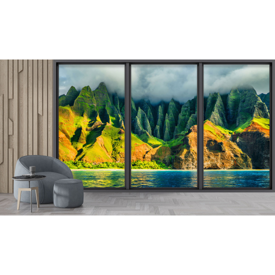 Optical Illusion Panoramic Bay Window Wall Mural / Wallpaper - Mountains