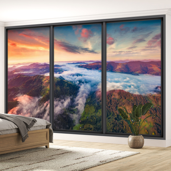 Optical Illusion Panoramic Bay Window Wall Mural / Wallpaper - Mountains clouds