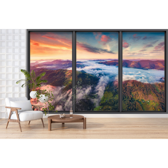 Optical Illusion Panoramic Bay Window Wall Mural / Wallpaper - Mountains clouds