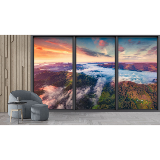 Optical Illusion Panoramic Bay Window Wall Mural / Wallpaper - Mountains clouds